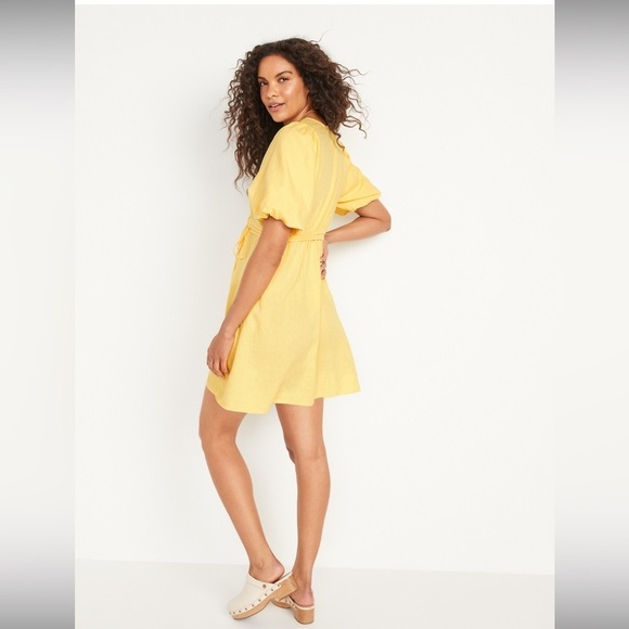 Old Navy Linen Waist Define Puff Sleeve Wrap Dress Morning Sun - Picture 3 of 15